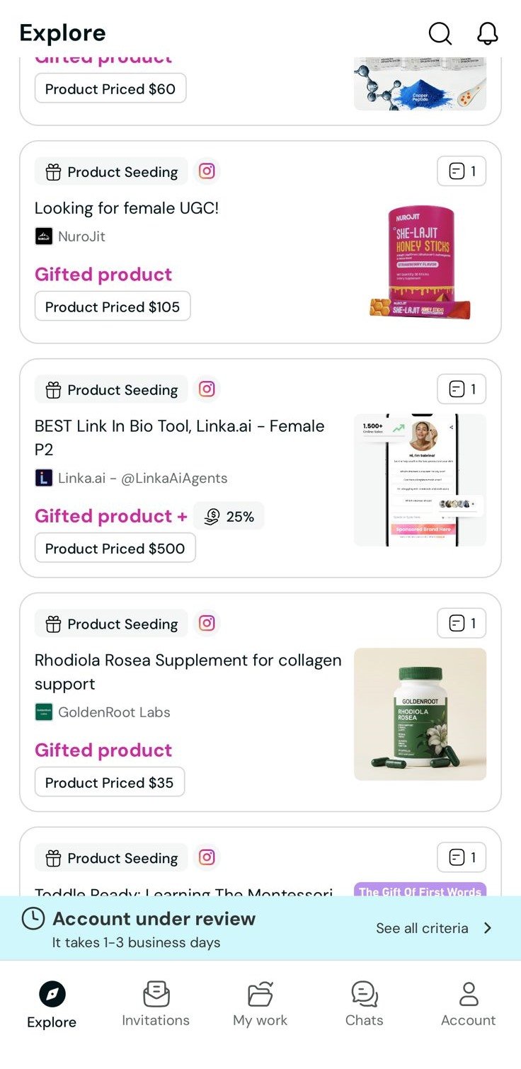 Lista de oportunidades de produtos para creator